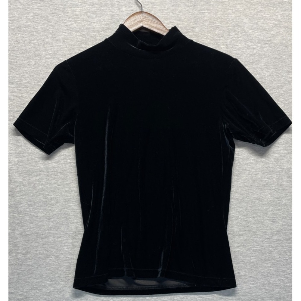 Dressbarn Velvet Mock Neck Blouse Top Womens Small Black Short Sleeve Stretch